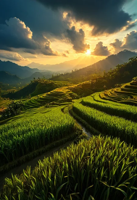 Landscape, 64k, UHD, ((masterpiece, ultimate quality)), sharp focus, beautiful scenery, highres, highly detailed, photo, realistic, photorealistic, Asian rice plantation, double exposure, realistic, whimsical, fantastic, intricate detailed, hyperdetailed, maximalist style, sharp focus, harmony, serenity, tranquility, surrounding clouds, mysterious glow, ambient occlusion, halation, cozy ambient lighting, dynamic lighting,masterpiece, masterpiece, award winning,