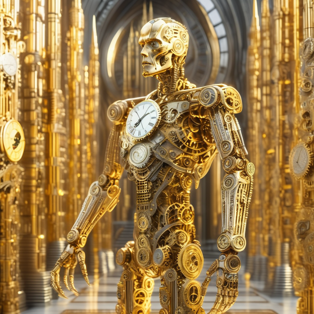 timeart terminator in the golden cathedral of time, very realistic, very detailed, cinematic, professional light<lora:timeart:1>
