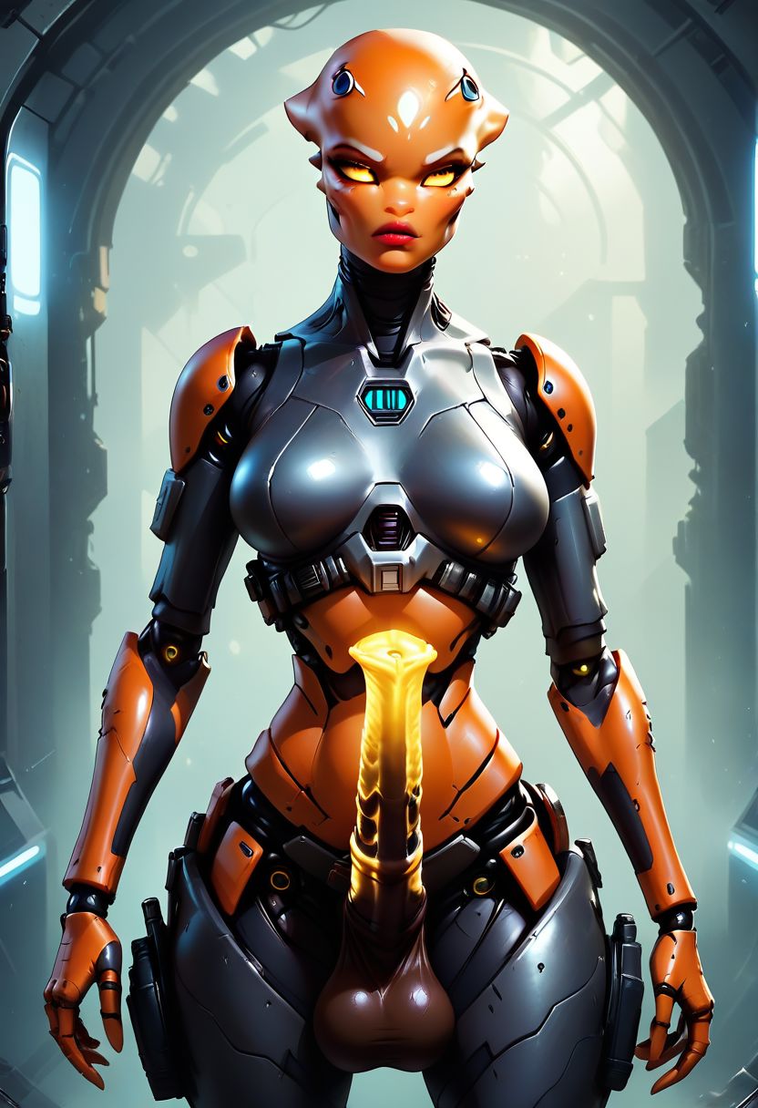 IBG, In the art style of xtrafurry, (alien:1.6), score_9_up, score_8_up, score_7_up, Expressiveh, g0thicPXL, glowing, neon, peacock spider girl ((robot body)), multi coloured colourful skin, spiky body features, long backwards pointing ears, noseless face, serious face, medium breasts, (big lips:0.6), (chrome body), metal harness and pants, brushed stainless steel accents, rim lighting, hair made of spines, robot abs, access panels, tactical clothes, (((master piece, high quality, detailed sci-fi corridor, white panels, glowing control panels, glass window to exterior, background))), horsecock futanari