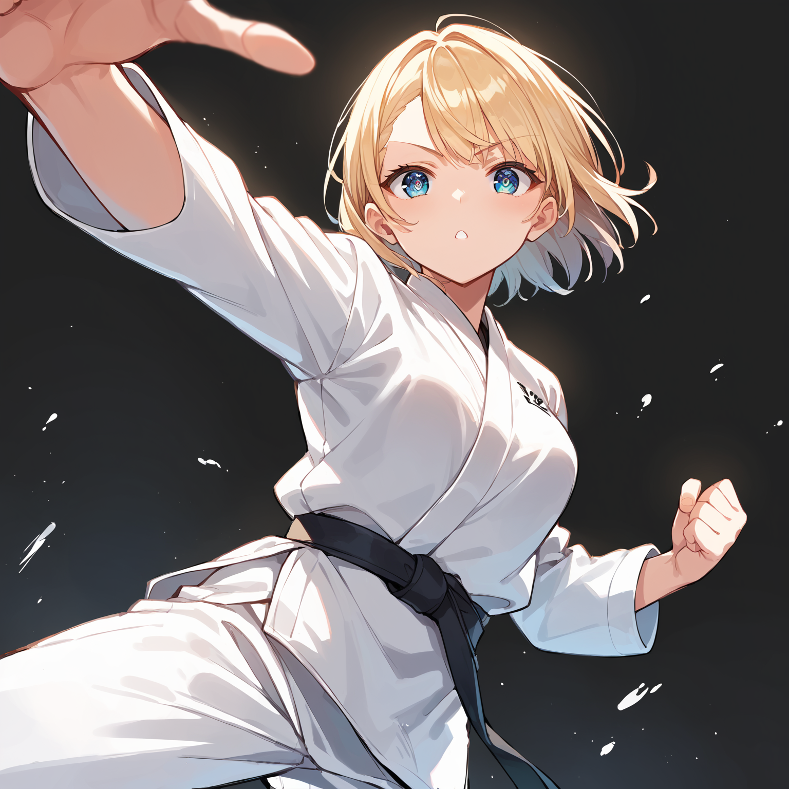 score_9, score_8_up, score_7_up,source_anime, high res image,masterpiece,best quality,girl,cute face,clear skin,shiny hair,ultra detailed eyes,simple background ,  <lora:karate_pony_V1.0:0.8> karate, dougi, belt,punching