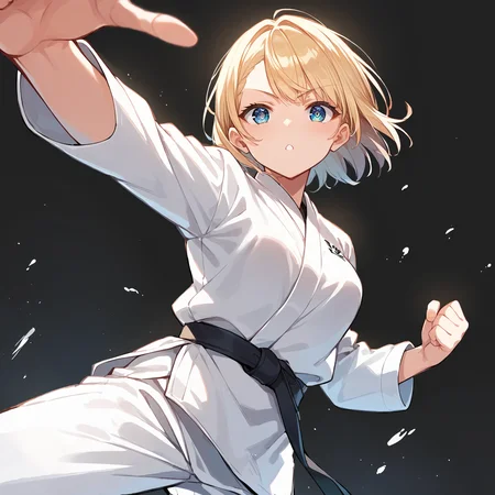 score_9, score_8_up, score_7_up,source_anime, high res image,masterpiece,best quality,girl,cute face,clear skin,shiny hair,ultra detailed eyes,simple background , <lora:karate_pony_V1.0:0.8> karate, dougi, belt,punching