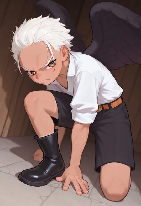 masterpiece, absurdres, high quality, perfect anatomy, 1boy, solo, cute boy, male focus, SHawk, White Hair, Orange Eyes, ((Star Shaped Pupils)), Tan Skin, Black Wings, White Shirt, Sleeves Rolled Up, Black Shorts, Belt, Black Boots, scowl, cinematic, intricately detailed illustration, depth of field, masterpiece, best quality, amazing quality, very aesthetic, absurdres, newest, very awa,  shadow, dynamic angle, casual cosplay, dynamic pose, Lustedcomplex
