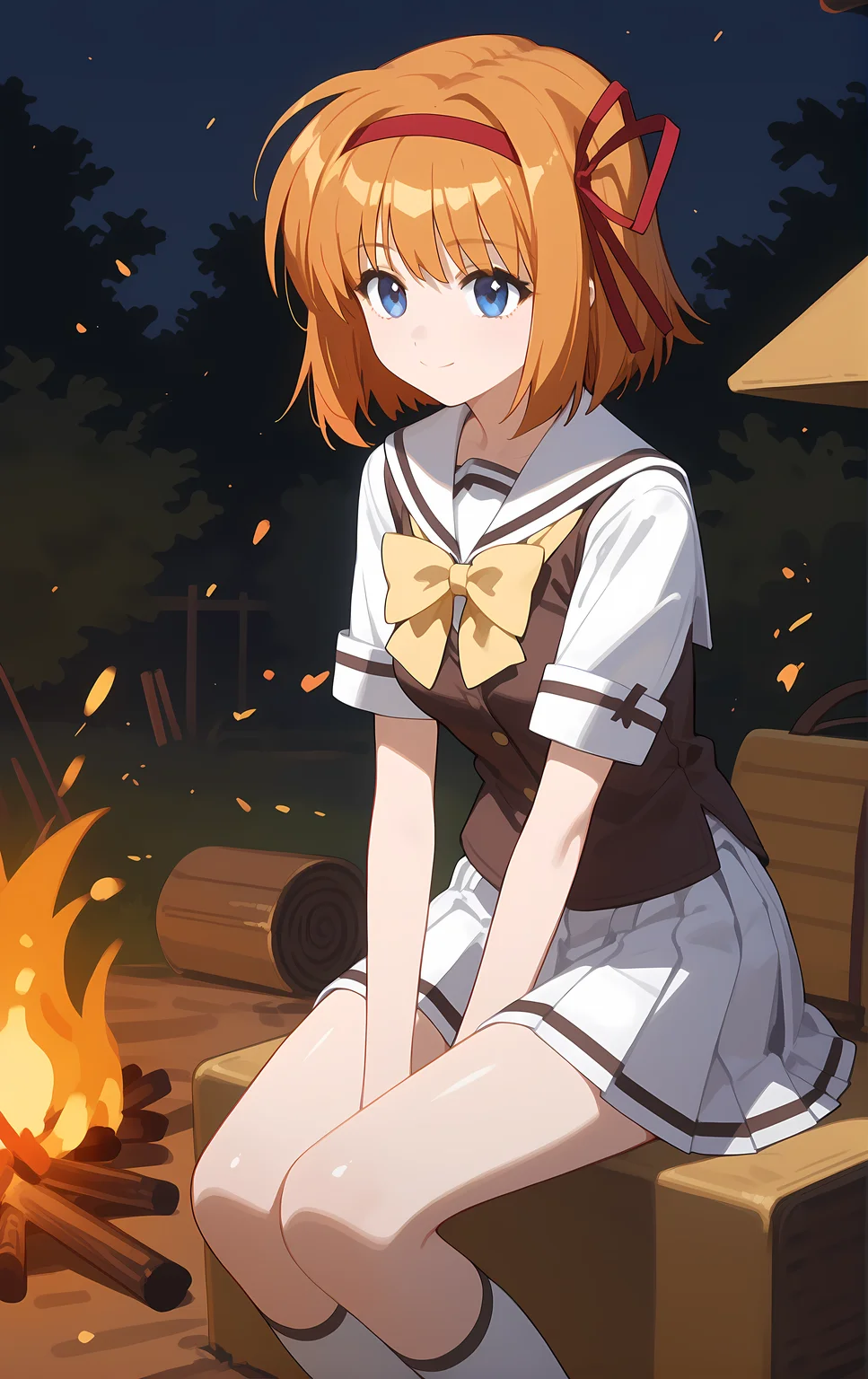 (score_9,score_8_up,score_7_up),light smile, shiny skin,ohwx, 1girl, solo, ribbon, red_ribbon, red_hairband, hair_ribbon, blue_eyes, orange_hair, short_hair, hairband, breasts,school_uniform, bow, yellow_bow, white_sailor_collar, serafuku, white_skirt, yellow_bowtie, vest, bowtie, kneehighs, socks, outdoors, campfire,<lora:kaede_fuyou_pony_sobsynapse-000003:1>