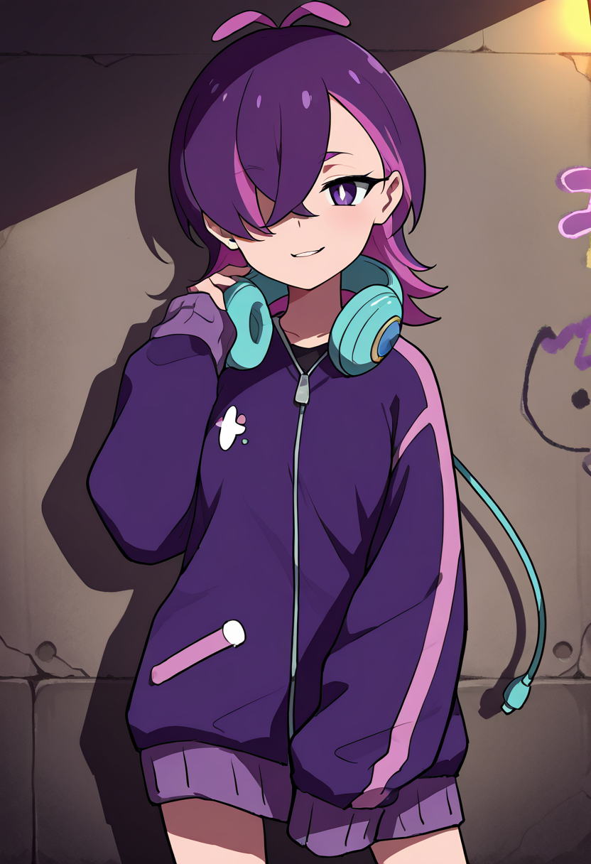 masterpiece, best quality, 1girl, solo, eyelashes, (beautiful eyes),   zzDot, purple eyes, hair over one eye, medium hair, multicolored hair, pink hair, purple hair, streaked hair, purple jacket, headphones around neck, long sleeves, sleeves past wrists, urban background, city lights, graffiti wall, dynamic pose, leaning against wall, night, moody lighting, solo, cool expression â Under the glow of flickering street lamps, zzDot leans casually against a graffiti-covered wall, her purple jacket pulled tight against the cool night air. Strands of pink and purple hair fall over one eye, the vibrant streaks glowing subtly under the cityâs neon lights. Her purple eyes scan the street with a calm intensity, framed by long lashes and a faint smirk that hints at quiet confidence. The headphones around her neck glint with metal accents, catching reflections from passing headlights. Her oversized sleeves slip past her wrists, adding to her effortlessly cool aesthetic. The distant hum of traffic mixes with the soft pulse of a bassline in the air, as the urban landscape wraps around her like a second skin. This is her worldâbold, electric, and unapologetically hers.   <lora:DotTimeSkipPokemon_IXL:1.0>,