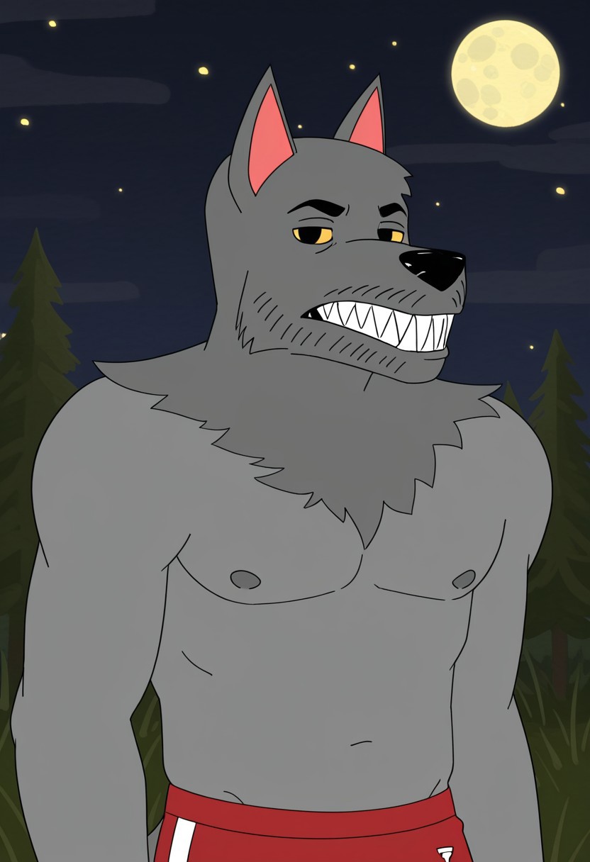 score_9, score_8_up, score_7_up, masterpiece, high quality, detailed, flat colors, solo, male, werewahlfberg, anthro, athletic, grey fur, dark grey top fur, nipples, pointed ears, black nose, yellow sclera, black eyes, eyebrows, sharp teeth, red jogging pants, half body shot, looking at viewer, chill, outdoors, night, full moon, stars, grassy plains, woods.