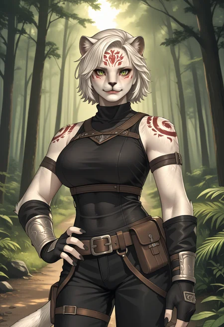 score_9, score_8_up, score_7_up BREAK solo, 1girl, kjk_jynx, furry female, animal ears, short hair, white hair, facial mark, green eyes, slit pupils, white fur, body markings, black fingernails, large breasts, tail, <lora:clamXIVOC_kjk_jynx:1> armor, vambraces, fingerless gloves, black top, black pants, belt pouch, sleeveless, armlet, bare shoulders, black gloves, bracer, smile, looking at viewer, hand on hip, outdoors, rainforest, tree, leaves, sun rays