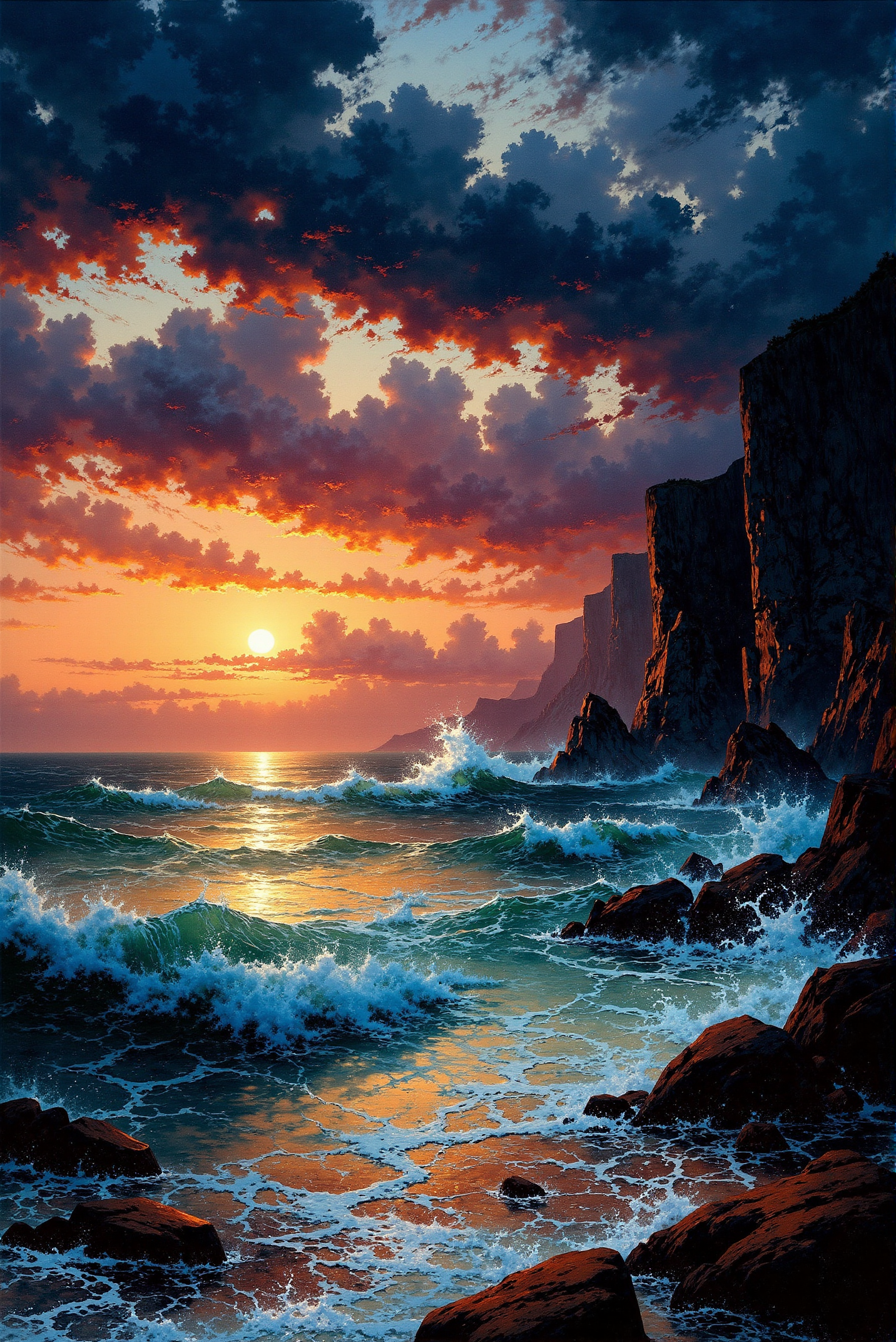 <lora:Vibrantly_sharp_style_v.3:0.8> VibrantlySharp style. A moody, atmospheric seascape painting of a vast ocean under a storm-kissed twilight sky. Towering waves crash against jagged rocks, their white foam catching the last embers of sunlight as the horizon glows with a fiery orange hue. Above, heavy storm clouds swirl in an ominous dance of deep blues and dark purples, their textured formations painted with expressive, dynamic brushstrokes. The setting sun, partially obscured by the dense cloud cover, casts molten reflections across the water, creating a path of liquid gold stretching toward the endless sea. The churning ocean, rendered with impeccable realism, ripples with shifting currents, capturing the immense power of the tide. Inspired by classic maritime paintings and dramatic impressionistic landscapes, this composition exudes a raw, untamed beauty that speaks of nature's relentless force and fleeting serenity.