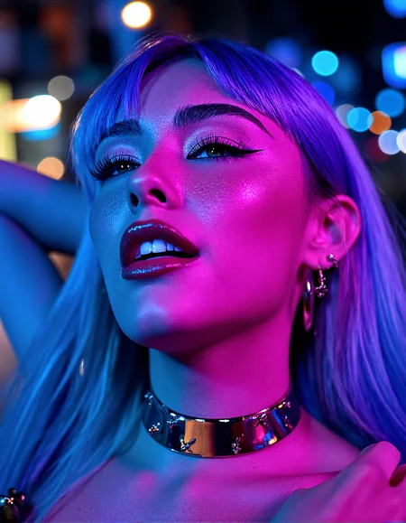 A highly realistic close-up of a woman Mad1B2024 with ice-blue hair and sharp features, lit by neon lights in shades of blue and pink. The light plays across her pale skin, casting colorful highlights on her cheekbones and neck. Her eyes are wide, reflecting the neon glow, and her lips are a dark, glossy red. The background is a blurred mix of city lights and shadows, giving the image a modern, urban feel with a retro noir aesthetic. She is wearing spike choker on her neck with complex ear piercing.

 soft, glossy texture to the lips, with realistic reflections and subtle texturing to emphasize the natural folds and curves. fine, detailed strokes to enhance the eyelashes, adding natural variations in length and curvature for a more lifelike appearance.

Leaning back with her arms crossed behind her head, looking up with a relaxed smile.
















