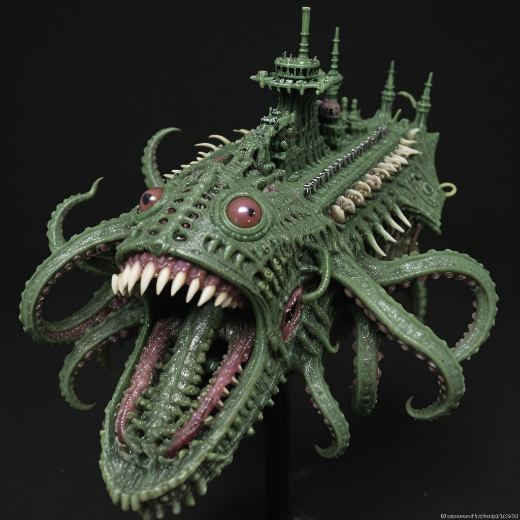 <lora:Chaos_Warfleet_-_Warhammer_40000_SDXL:1>chaoswarfleet, green battleship,space,warp,distortion,nightmare,bones,pus,rot,tentacles,eyes,tongues,tentacles,flesh,mouths,twisted,