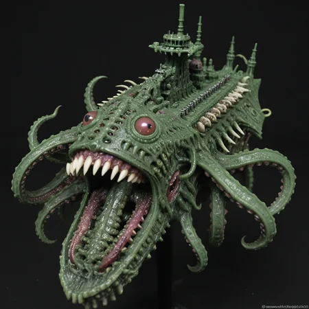 <lora:Chaos_Warfleet_-_Warhammer_40000_SDXL:1>chaoswarfleet, green battleship,space,warp,distortion,nightmare,bones,pus,rot,tentacles,eyes,tongues,tentacles,flesh,mouths,twisted,