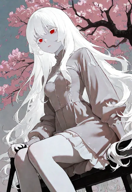 <lora:748cmSDXL:1>, best masterpiece, best quality, very aesthetic, 1girl, white hair, really long hair, red eyes, white eyelashes, pale skin, white outline, small breasts, empty eyes, girly outfit, sitting on campus bench, dramatic angle, holding cane, muted moody colour palette, cherry blossoms hanging above