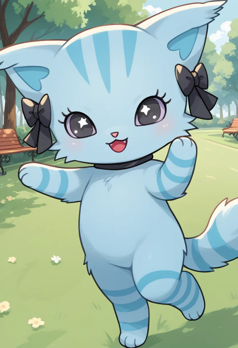 score_9, score_8_up, score_7_up, score_6_up, score_5_up, BREAK
chelsea, furry, chibi, feral, hair bow, cat, colored sclera, park, dynamic pose, smile, happy,