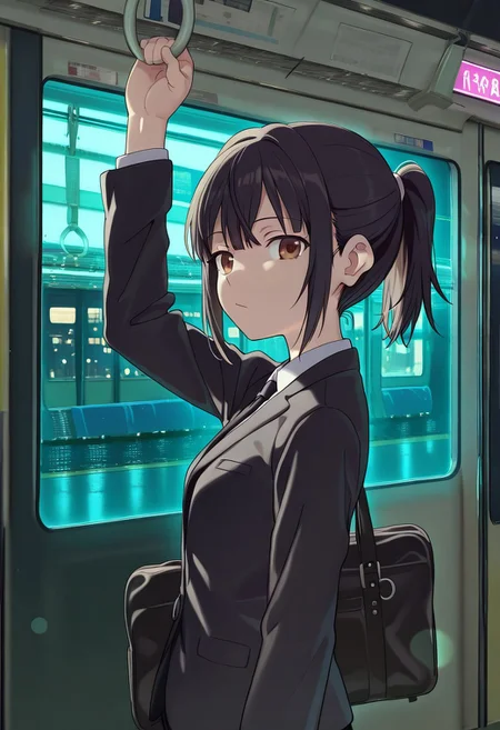 great quality,scenery,,(almic,akakura,ogipote,dikko:0.7), (sincos:0.6), , holding hand grip,train interior,arm up,hand up,1girl,holding bag,black hair,brown eyes,ponytail,suit,from side,night background,bokeh,night building from window,dark background,holding black bag,:/,sad,neon light,black night background,intensed shadow,