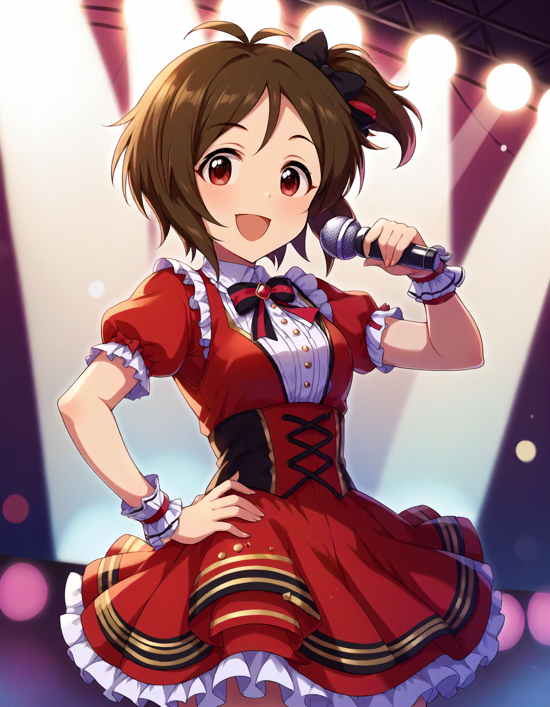 score_9,score_8_up,score_7_up,1girl,solo,cowboy shot,looking at viewer,smile,open mouth,holding microphone,hand on hip,stage lights,
<lora:doumyoujikarin_ponyXLV6:0.8>,cgdk,brown hair,short hair,one side up,antenna hair,red eyes,
red hair bow,frills,red dress,puffy short sleeves,wrist cuffs,skirt