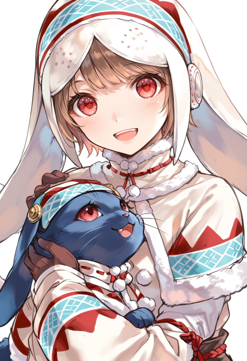 (score_9:0.9),score_8_up,score_7_up,rating_safe,anime style,(zPDXL),<lora:lagombi armor ponyXL v1:0.8>,lagombi armor,white hat,white gloves,1girl,red eyes,smile,short hair,brown hair,solo,open mouth,holding cat,blue cat,lagombi cat,