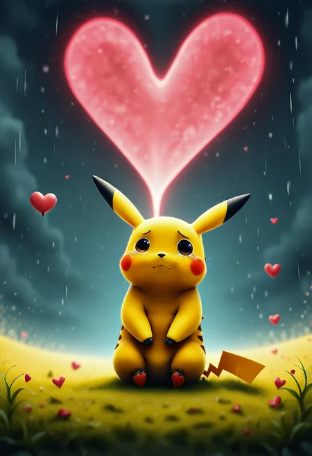 <lora:KFT_Romance_Style_Illustrious:1.9> kftlove, absurdres, highly-detailed, best quality, masterpiece, very aesthetic, 1boy, solo, pikachu, pokemon (creature), sad, crying, rain, sitting, field, close up, heart