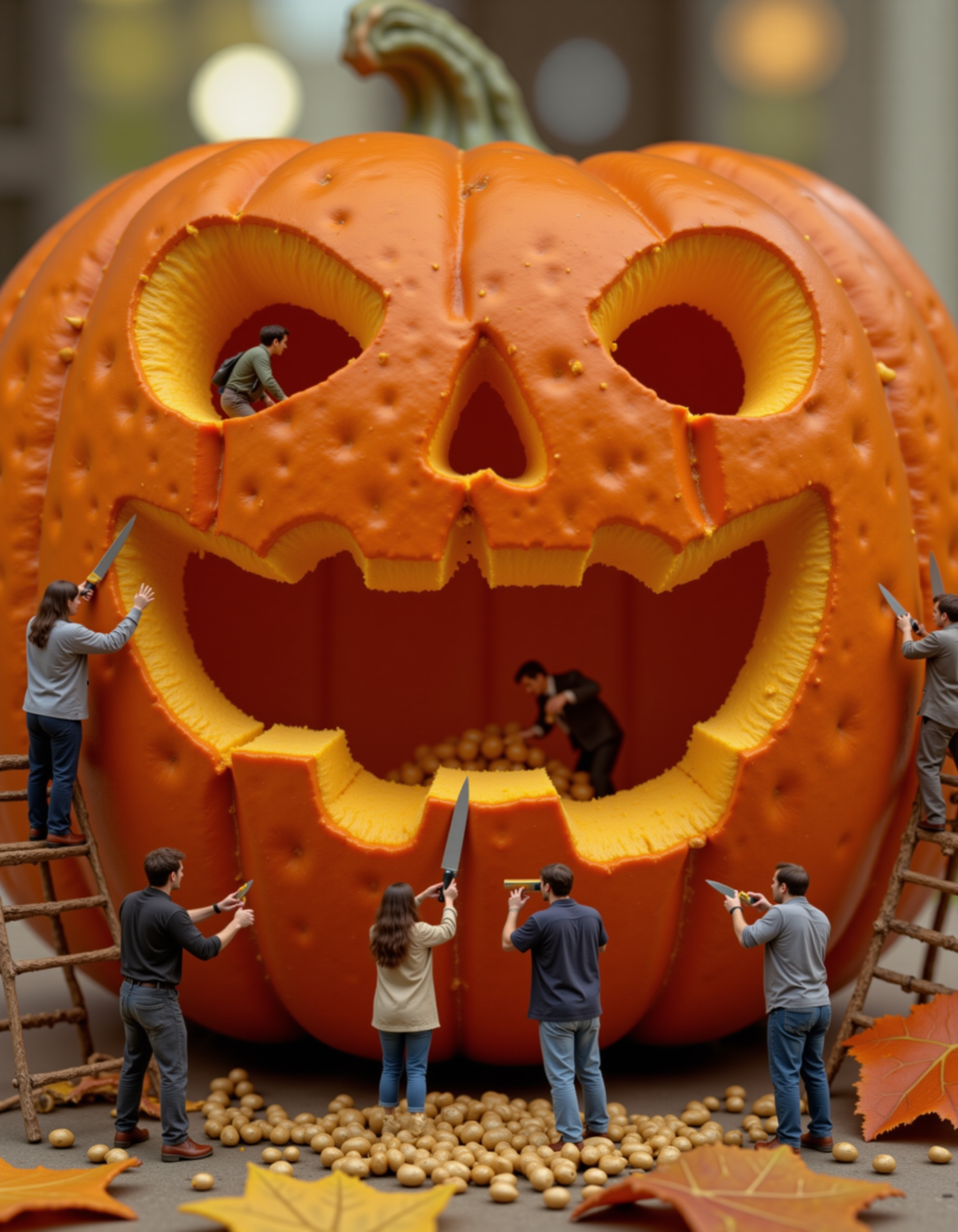 A group of miniature people, each about 2 inches tall, working together to carve a massive jack-o'-lantern. Some are standing inside the pumpkin, scooping out oversized seeds with tiny hands, while others are perched on ladders or makeshift scaffolding, using kitchen knives much larger than themselves to carefully carve out the pumpkinâs face. The giant pumpkin dominates the scene, with bright orange flesh and intricate details. The tiny figures are in sharp focus, their clothes covered in pumpkin pulp, as they work with determination and teamwork. Warm autumn lighting and scattered leaves create a cozy, festive atmosphere, with the background slightly blurred to keep the focus on the miniature workers and their enormous task.