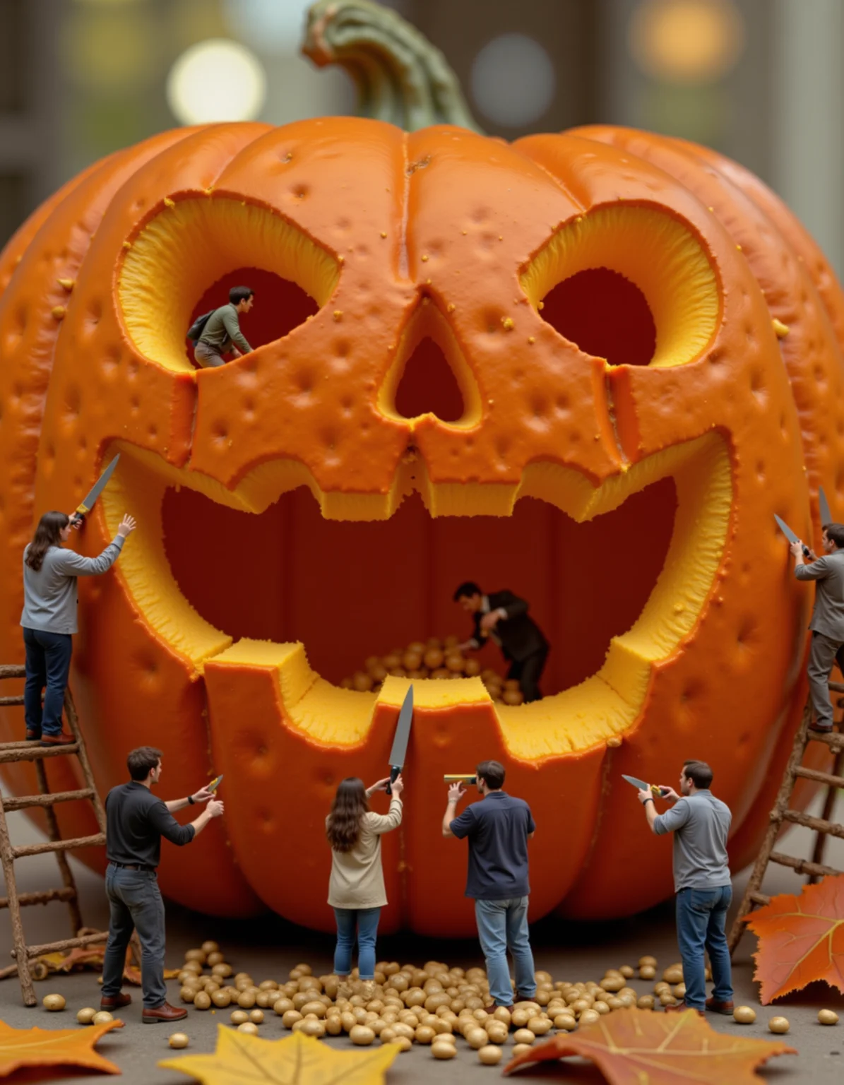 A group of miniature people, each about 2 inches tall, working together to carve a massive jack-o'-lantern. Some are standing inside the pumpkin, scooping out oversized seeds with tiny hands, while others are perched on ladders or makeshift scaffolding, using kitchen knives much larger than themselves to carefully carve out the pumpkinâs face. The giant pumpkin dominates the scene, with bright orange flesh and intricate details. The tiny figures are in sharp focus, their clothes covered in pumpkin pulp, as they work with determination and teamwork. Warm autumn lighting and scattered leaves create a cozy, festive atmosphere, with the background slightly blurred to keep the focus on the miniature workers and their enormous task.