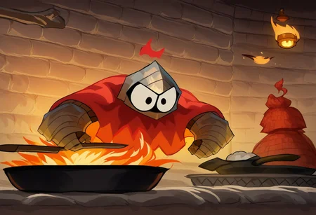 knight, big eyes, helmet, cape, big helmet, castle, stone wall, backlit, edgelit, huge gauntlets, cooking, holding a frying pan, fraying pan, pots, beard, chef hat on helmet, helmet, chef hat, lanterns, character focus, furious, angry, fuming,