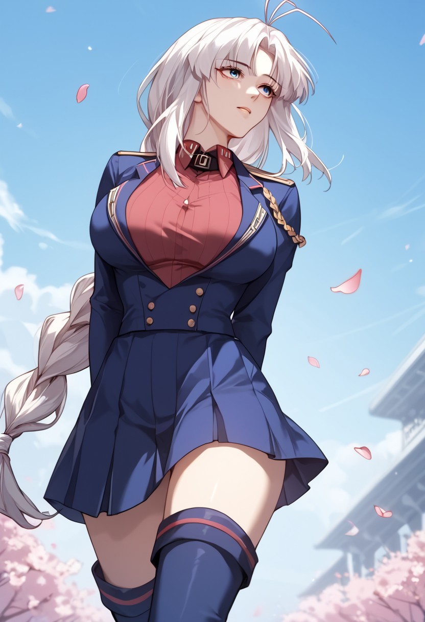 score_9, score_8_up, score_7_up, source_anime, Expressiveh,
dongqingxue, 1girl, solo, white hair, very long hair, sidekicks, blue eyes, parted bangs, large breasts, antenna hair, single braid, uniform, blue jacket, military uniform, skirt, thigh highs, red shirt, long sleeves, boots, standing, arms behind back, wind, moving hair, petals