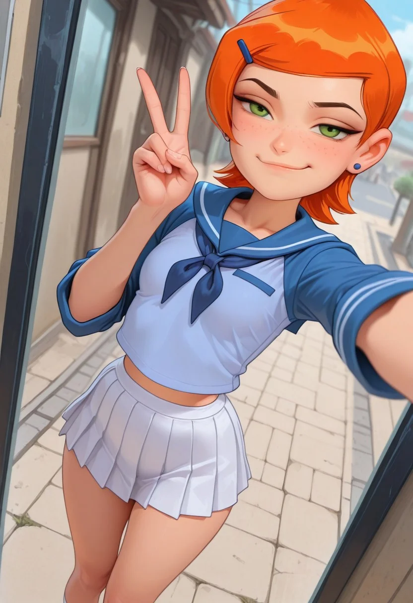 masterpiece, best quality, good quality, very aesthetic, absurdres, newest, 8K, depth of field, focused subject, mythp0rt,
stylized, wabi sabi,
1girl, Gwen_Tennyson, orange hair, short hair, green eyes, freckles, cute,
smug,
petite body, small waist, curvy, thighs, shapely legs,
small breasts,
school uniform, transparent,
standing, selfie, peace sign,
dynamic angle, close up,
outdoors,