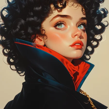 Score_9, score_8_up, score_7_up, score_6_up, BREAK <lora:Hyperdetailed_Colored_PencilPony:1> ArsMJStyle, Colored pencil hyperdetailed realism, The image is a close-up portrait of a young woman's face. She has dark curly hair that is styled in loose curls and falls over her shoulders. Her eyes are looking off to the side with a thoughtful expression. She is wearing a black coat with a red collar and a gold chain around her neck. The background is a pale yellow color. The overall style of the image is reminiscent of a vintage or retro illustration., 1girl, solo, high collar, black hair, parted lips, blue eyes, jewelry, curly hair, looking at viewer, portrait