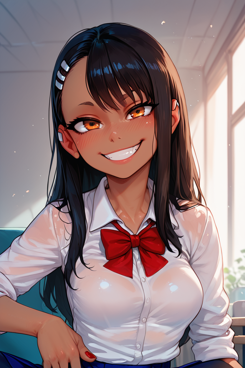 score_9, score_8_up, score_8, medium breasts, (curvy), cute, eyelashes,       BREAK, , BREAK, nagatoro hayase, long hair, bangs, black hair, hair ornament, brown eyes, hairclip, fang, dark skin, dark-skinned female, tan, skirt, shirt, school uniform, white shirt, pleated skirt, nail polish, blue skirt, red nails, earclip, <lora:NagatoroHayasePDXL_v1:0.8>,, <lora:IncaseStyle_PDXL:1.0>, , BREAK,  smile, looking at viewer, upper body,  embedding:zPDXL, Expressiveh, <lora:SDXLFaeTastic2400:0.5>,  <lora:Expressive_H-000001:0.4>,