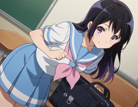 score_9, score_8_up, score_7_up, source_anime,
reinakousaka, <lora:reina-kousaka-ponyxl-lora-nochekaiser:1>,
reina kousaka, long hair, bangs, black hair, purple eyes,
skirt, shirt, school uniform, white shirt, short sleeves, pleated skirt, serafuku, sailor collar, blue skirt, neckerchief, blue sailor collar, school bag, pink neckerchief, kitauji high school uniform,
indoors, classroom, bent over, smile,
looking at viewer, cowboy shot, dutch angle,