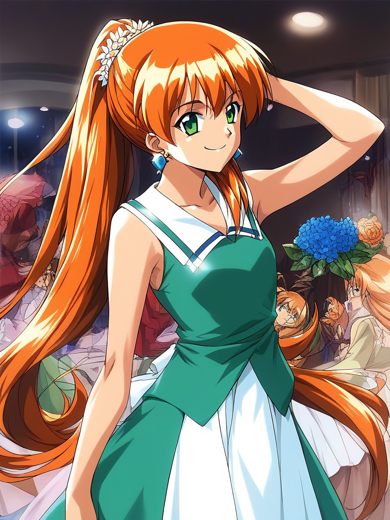 score_9, score_8_up, score_7_up, source_anime, rating_explicit, BREAK  <lora:Akai_Homura_XL:1> Akai_Homura, very long hair, green eyes, orange hair,
dress, earrings, jewelry, flower,   ponytail, solo focus, smile
room, party venue,