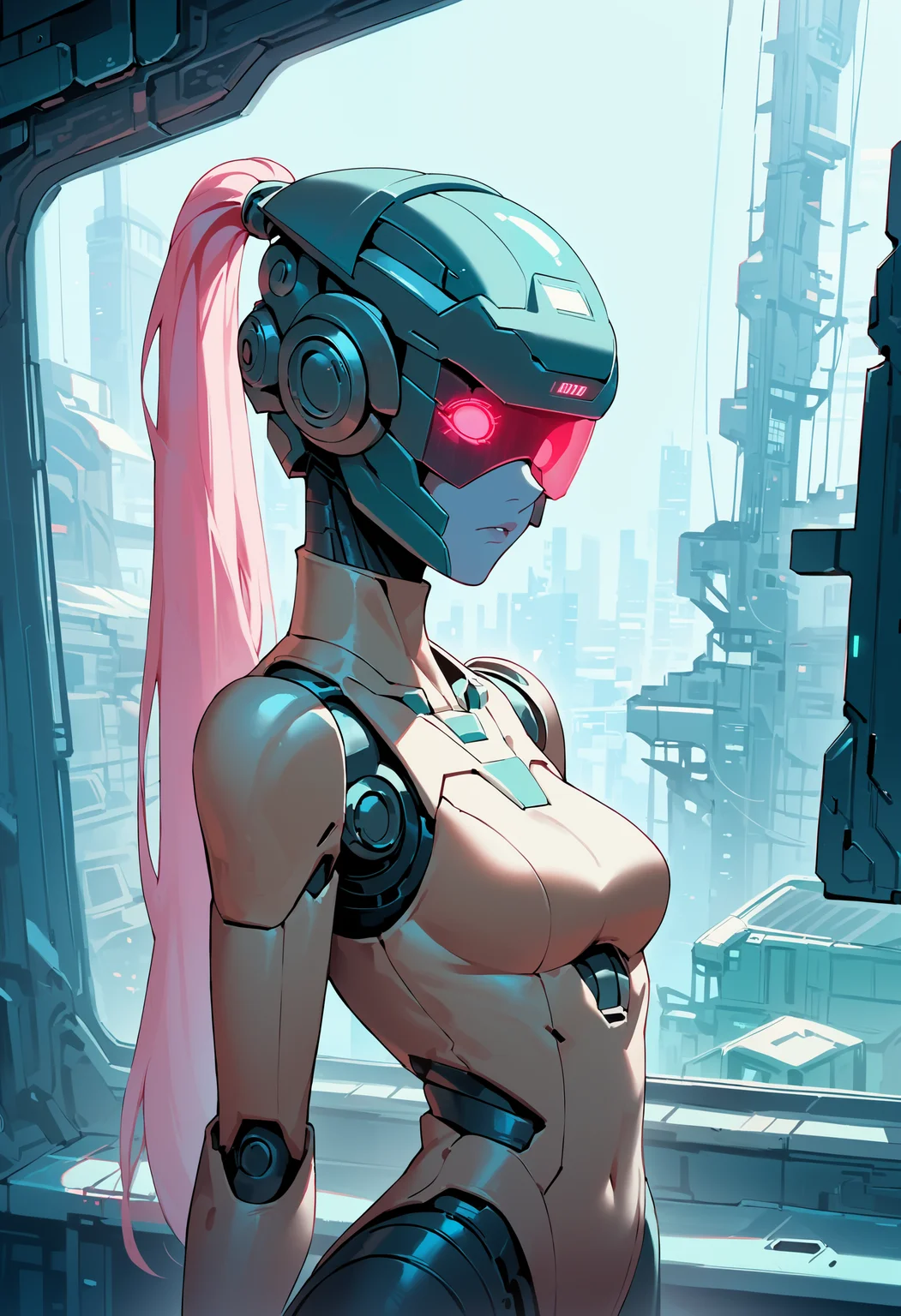 score_9, score_8_up, score_7_up, highly detailed, 1girl, medium breasts, female robot, robot girl, head screen, helmet, long pink ponytail, standing, luminescent futuristic screen, window, futuristic city in the background, screen for head, no face, head display with crt  glowing screen, digital eyes,
<lora:scav3ngersV4_epoch_3:1>,