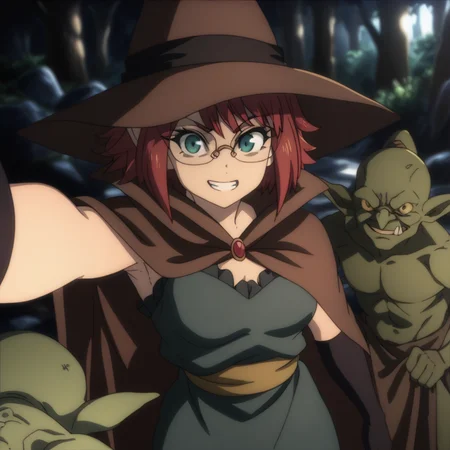 score_9,  score_8_up, score_7_up, <lora:wizard-gs-ponyxl-000014:1> gswz, glasses, witch hat, cape, dress, green dress, elbow gloves
1girl, grin, selfie, goblin, forest