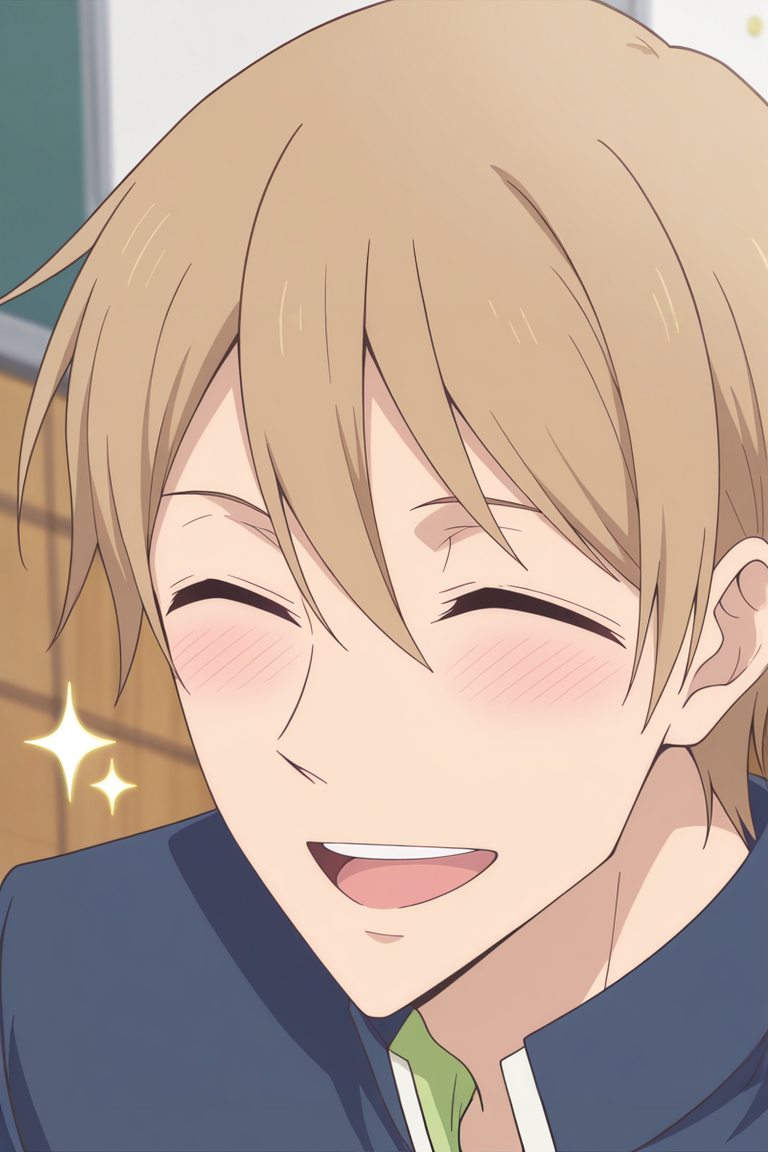 masterpiece, best quality, amazing quality,high resolution, intricate details,official style,depth of field,anime screencap, , , 1boy, solo, male focus,<lora:Yagi_Tomoya:0.90>,yagi tomoya,light brown hair,brown eyes,closed eyes,short hair,smile, green shirt,blue jacket, school uniform,upper body, teeth,collared shirt,blush, from above,sparkle,indoors,gakuran,upper teeth only,portrait,school