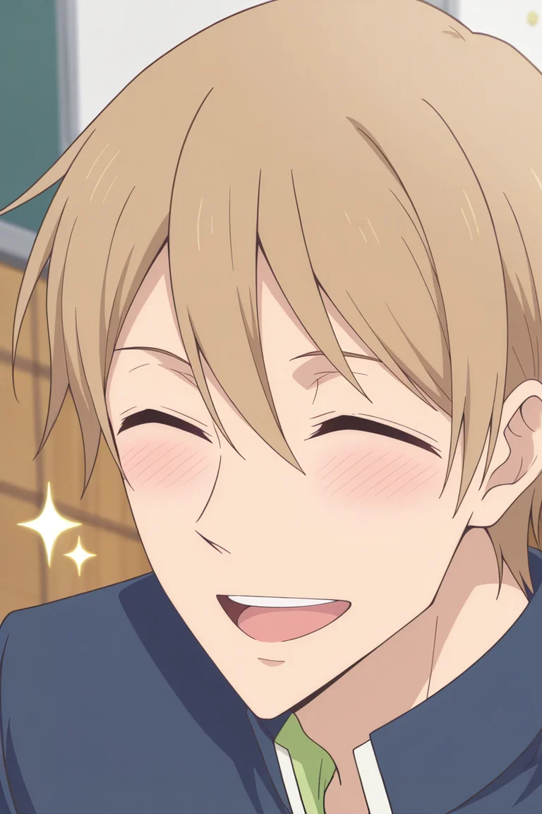 masterpiece, best quality, amazing quality,high resolution, intricate details,official style,depth of field,anime screencap, , , 1boy, solo, male focus,<lora:Yagi_Tomoya:0.90>,yagi tomoya,light brown hair,brown eyes,closed eyes,short hair,smile, green shirt,blue jacket, school uniform,upper body, teeth,collared shirt,blush, from above,sparkle,indoors,gakuran,upper teeth only,portrait,school
