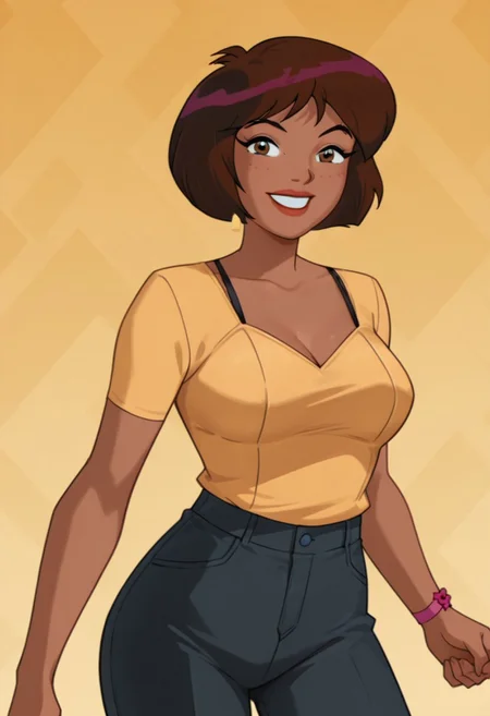 masterpiece, best quality, good quality, 1girl, solo, cartoon, parody, official style, carmen_totally_spies, brown eyes, brown hair, short hair, dark-skinned female, mature female, jewelry, casual, shirt, black pants, sexy, large breasts, cleavage, beautiful, detailed, high detailed, very beautiful, detailed face, detailed eyes, detailed hand, abstract background, smile, smiling, looking at viewer, face focus