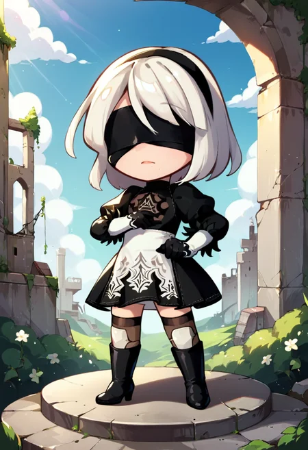 masterpiece,best quality, highly detailed, score_9, score_8_up, score_7_up, score_6_up,<lora:xl_more_art-full_v1:0.8>,source_Anime
BREAK
<lora:yumi:1>yumistyle, chibi,2b_(nier:automata), nier_(series), 1girl, white_hair, covered_eyes,castle,ruins