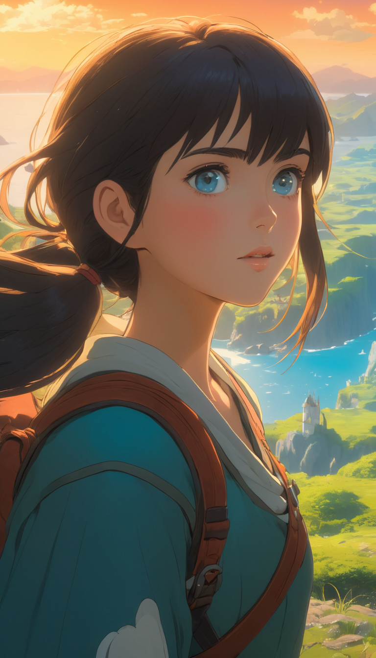 Female adventurer,  fantasy world, cinematic scene, hero view, extremely beautiful piercing eyes, scenery, detailed background, masterpiece, best quality, high quality, highres, absurdres, very detailed, high resolution, sharp, sharp image, 8k, vivid, colorful, Studio Ghibli <lora:studio_ghibli_xl_v1:1>