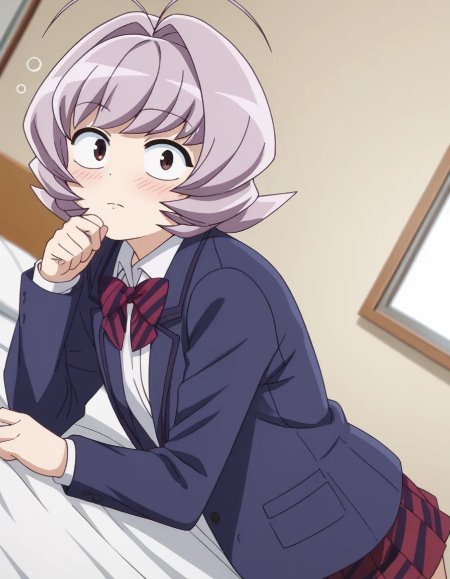 score_9, score_8_up, score_7_up, source_anime,
najimiosana, <lora:najimi-osana-s1s2-ponyxl-lora-nochekaiser:1>,
najimi osana, short hair, brown eyes, purple hair, hair intakes, antenna hair,
skirt, shirt, long sleeves, bow, school uniform, jacket, white shirt, pleated skirt, striped, collared shirt, bowtie, red skirt, blazer, blue jacket, striped bow, striped bowtie,
indoors, bed, bed room, on side, blush, drunk,
looking at viewer, cowboy shot, dutch angle, solo,