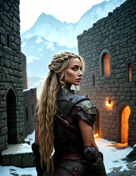 Extreme photorealistic depiction of a beautiful female warrior, long blonde braided hair, looking at viewer, realistic detailed skin texture, intricate leather armor, high-resolution, cinematic lighting, sharp focus, ultra-realistic, extreme realism, 8k, very detailed, high quality.
A secretive fortress built into the side of a mountain, with narrow paths leading to the entrance. The walls are made of dark stone, and the fortress is heavily fortified with watchtowers and archers’ slits. The air is crisp and cold, with snow-capped peaks in the background.Soft, flickering light from torches, casting warm, uneven light and deep shadows on stone walls.A warm, amber light from a setting sun, casting long, dramatic shadows across the scene.Natural light illuminating an open courtyard, with deep shadows cast by the tall surrounding walls.
The female warrior Standing with her Hands on hips, chin slightly lifted.