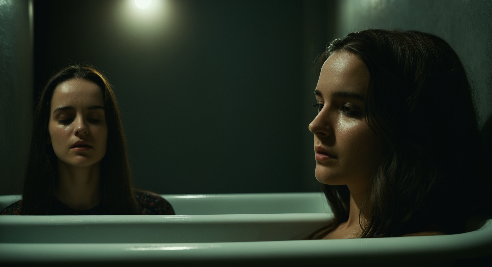 cinematic film still of  <lora:Split Diopter style:1>
Split image focus of a closeup of a woman looking down at something next to another woman sitting in a bathtub in background in a dark room,Split Diopter style,1girl,long hair,brown hair,shirt,black hair,1boy,sitting,closed eyes,male focus,pants,black pants,bathtub,nearsighted,farsighted,split,split focus,focus,sharp focus,deep focus,Split focus,split screen , artistic, Kodak, dramatic light, dramatic shadow light, contrast, saturated color, cinematic, filmic, motion picture, realistic, realism, perfection, perfect, deep focus, clean image, wide screen, detailed image, cinematic, deep space composition, shallow depth of field, vignette, highly detailed, high budget, bokeh, cinemascope, moody, epic, gorgeous, film grain, grainy