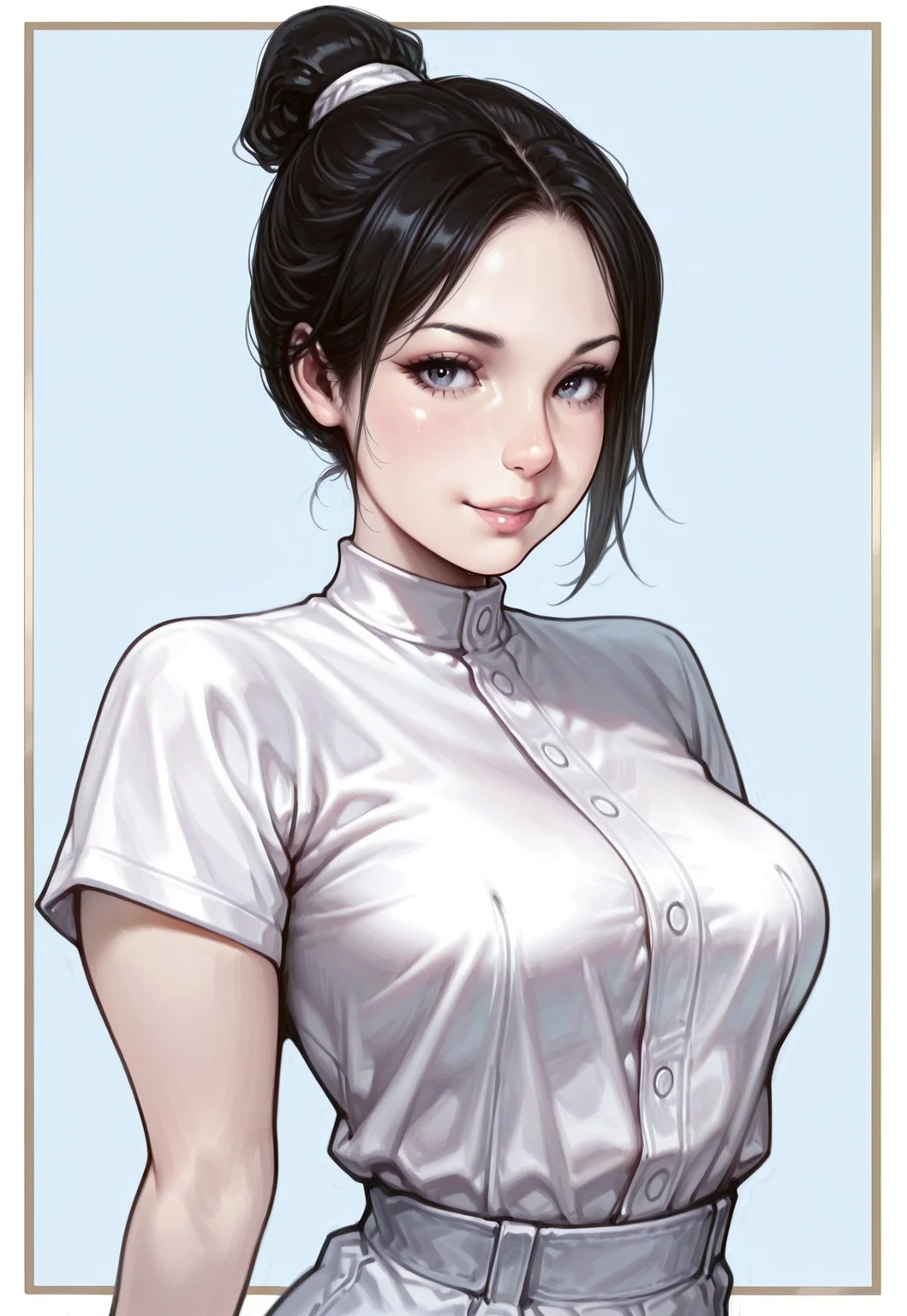 aipd,safe_pos, masterpiece, best quality, 32k, high resolution, absurdres, HD32k, masterpiece, extremely detailed, 1girl, perfectly composed, clear, highres, breasts, solo, black hair,looking at viewer,ponytail,realistic,bust shot,portrait,,cute face,sexy,border