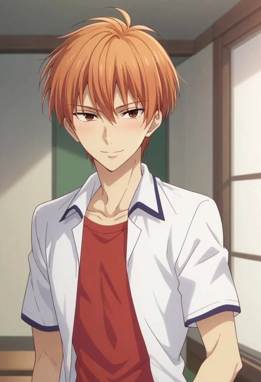 score_8_up, score_7_up, source_anime, highly detailed,
kyosohma, 1boy, male focus, solo, school uniform, orange hair, brown eyes, shirt, white shirt, collared shirt, open shirt, red t-shirt, short sleeves, jewelry, bracelet, blush, smile, soft smile,
indoor, japanese