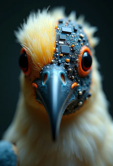 Closeup of a bird's face. The bird is looking directly into the camera. Half of the bird's face is exposed electronics. Half of the picture shows what birds are really made of (electronics, computer chips, exposed wires, and circuit boards).