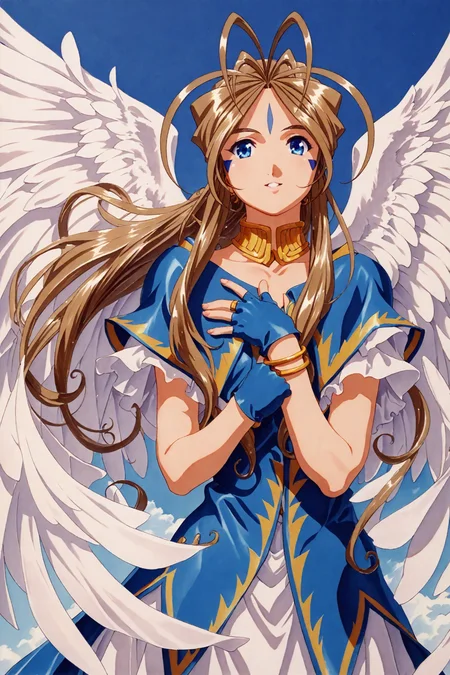 score_9,score_8_up,score_7_up,masterpiece,best quality,
Kosuke Fujishima Style,Belldandy,1girl,solo,wings,long hair,facial mark,jewelry,brown hair,forehead mark,blue eyes,bracelet,fingerless gloves,gloves,day,sky,cloud,angel wings,standing,ring,upper body,hand on own chest,traditional media,colored pencil (medium),
<lora:super lora_flyx3_XL_PONY:0.8>,