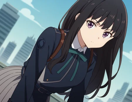 score_9, score_8_up, score_7_up, source_anime,
takinainoue, <lora:takina-inoue-s1-ponyxl-lora-nochekaiser:1>,
inoue takina, long hair, bangs, black hair, purple eyes,
shirt, long sleeves, dress, ribbon, school uniform, white shirt, collared shirt, belt, neck ribbon, blue dress, green ribbon, pleated dress, grey dress, two-tone dress, blue belt, lycoris uniform,
outdoors, cityscape, bent over,
looking at viewer, cowboy shot, dutch angle, solo,