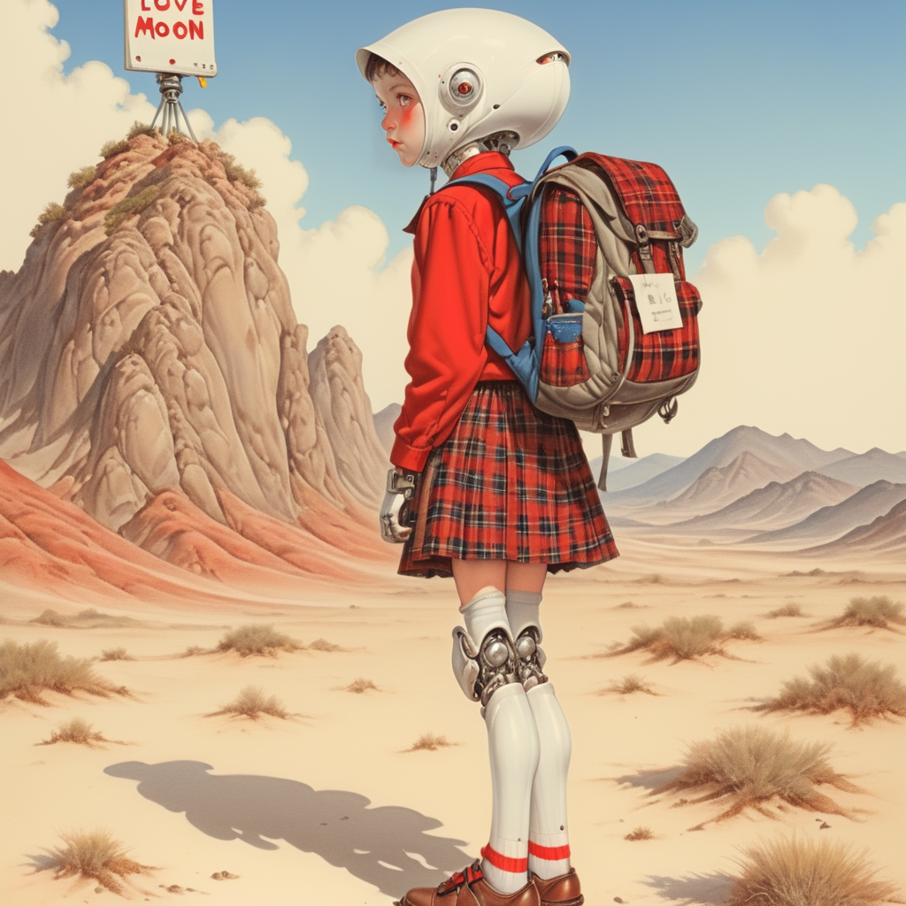 ArsMJStyle, Colored pencil hyperdetailed realism <lora:HyperdetailedColoredPencilV2SDXL:1> ArsMJStyle, Colored pencil hyperdetailed realism, The image shows a young boy standing in a desert-like landscape with mountains in the background. He is wearing a red jacket a plaid skirt and brown shoes. He has a blue backpack on his back and is looking up at a large robot that is standing on its hind legs. The robot has a white body with red eyes and a large head with a pointed nose. It has a backpack attached to its back and a sign that reads "I love you to the moon and back". The boy appears to be deep in thought with a thoughtful expression on his face., bag, skirt, outdoors, backpack, red shirt, socks, plaid, shirt, plaid skirt, short hair