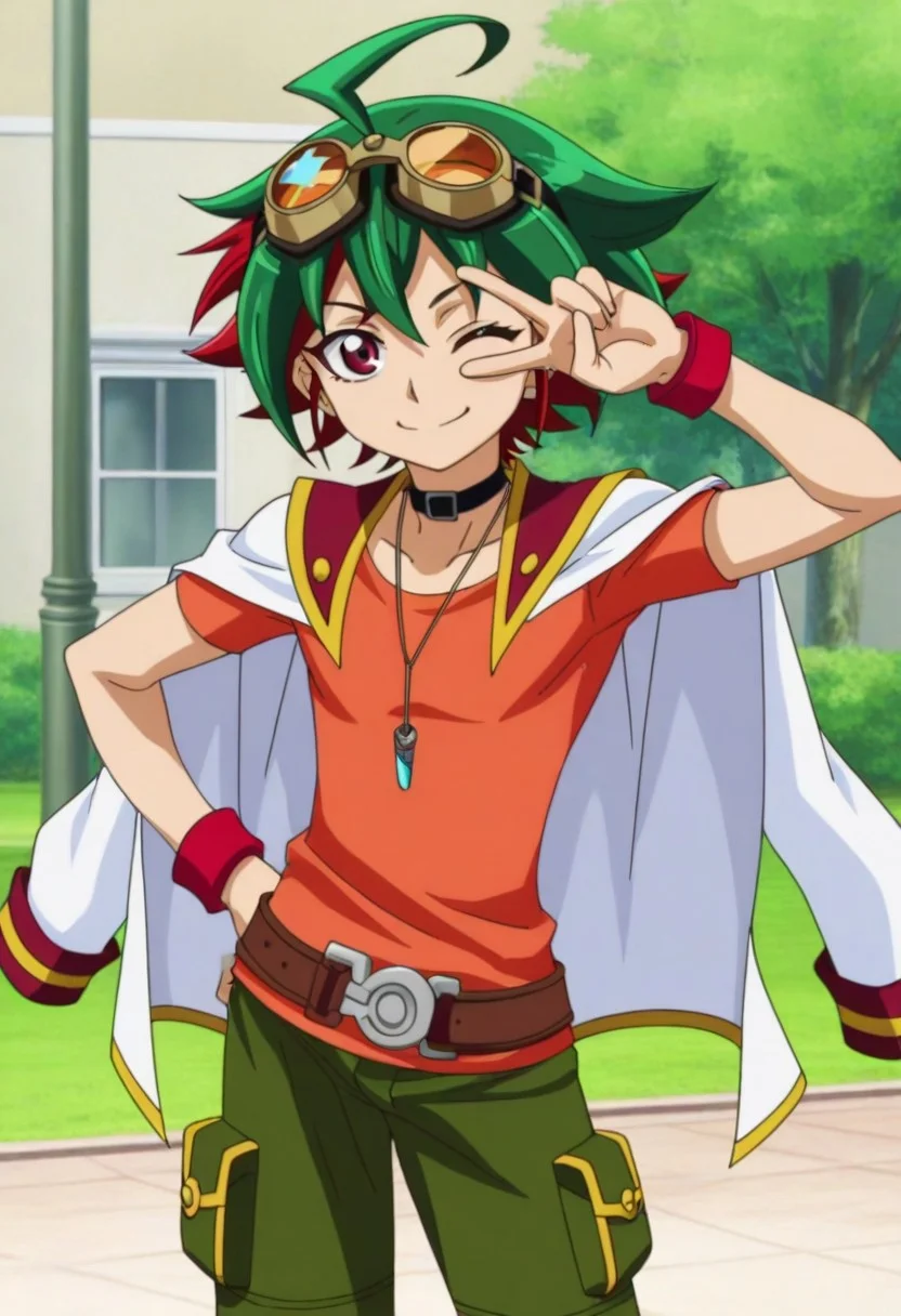 Anime, anime screencap, anime coloring, official art, ((1male only, 1boy only, male focus, one male character only, single male character only, single illustration only)), bishonen, handsome, attractive, cute, sexy, good-looking, tall body, tall height, slim figure, Yuya Sakaki, two-tone hair, multicolored hair, green and red hair, ahoge, goggles on head, red eye, one eye wink, choker, pendant, orange t-shirt, ((blazer over shoulders)), red wristbands, belt, green baggy pants, cowboy shot, head to hips shot, happy, smile, front view, facing front, outside, park, v-sign fingers gesture over eye