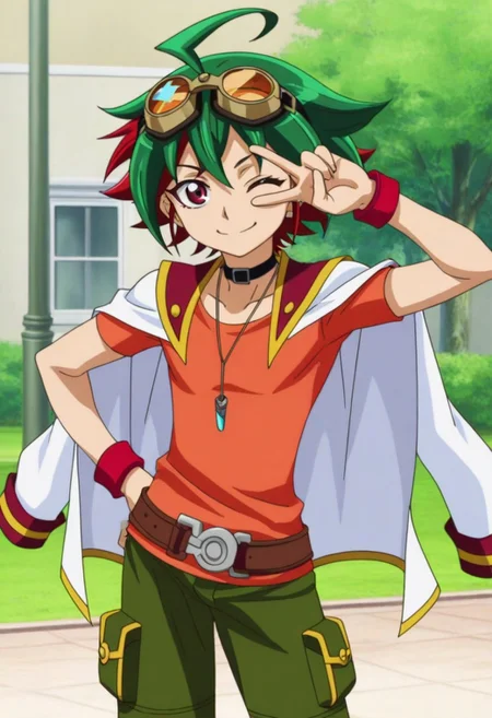 Anime, anime screencap, anime coloring, official art, ((1male only, 1boy only, male focus, one male character only, single male character only, single illustration only)), bishonen, handsome, attractive, cute, sexy, good-looking, tall body, tall height, slim figure, Yuya Sakaki, two-tone hair, multicolored hair, green and red hair, ahoge, goggles on head, red eye, one eye wink, choker, pendant, orange t-shirt, ((blazer over shoulders)), red wristbands, belt, green baggy pants, cowboy shot, head to hips shot, happy, smile, front view, facing front, outside, park, v-sign fingers gesture over eye
