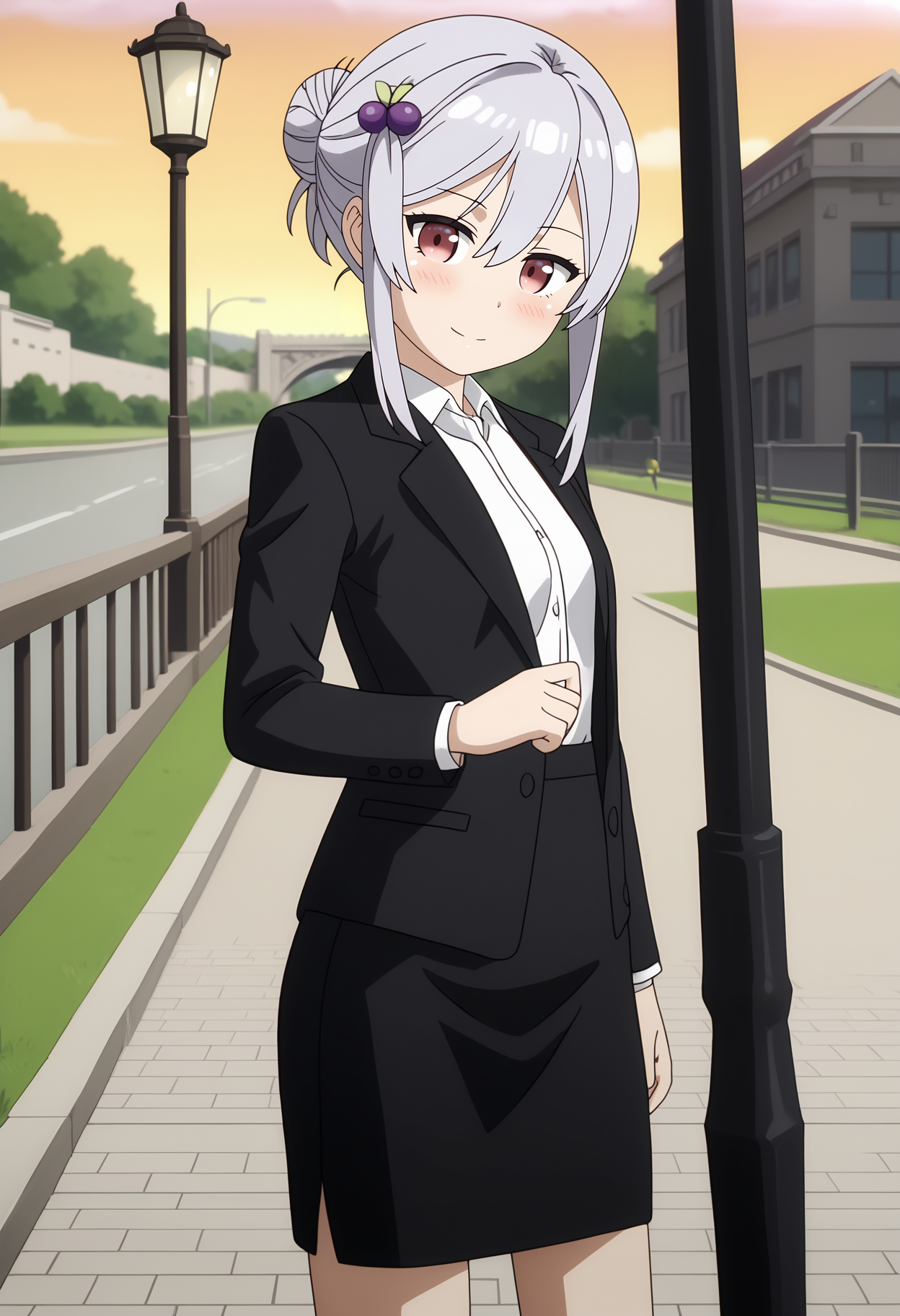 anime screencap,
<lora:OneRoom_AmatsukiMashiroXL:0.9>,
1girl, solo, closed mouth, light smile, head tilt, blush,
single hair bun, grey hair, multicolored eyes, hair between eyes, cherry hair ornament,
MashiroWork, black jacket, long sleeves, white shirt, suit, pencil skirt, black skirt,
cowboy shot, standing, looking at viewer,
outdoors, sunset, bridge, street lamp
