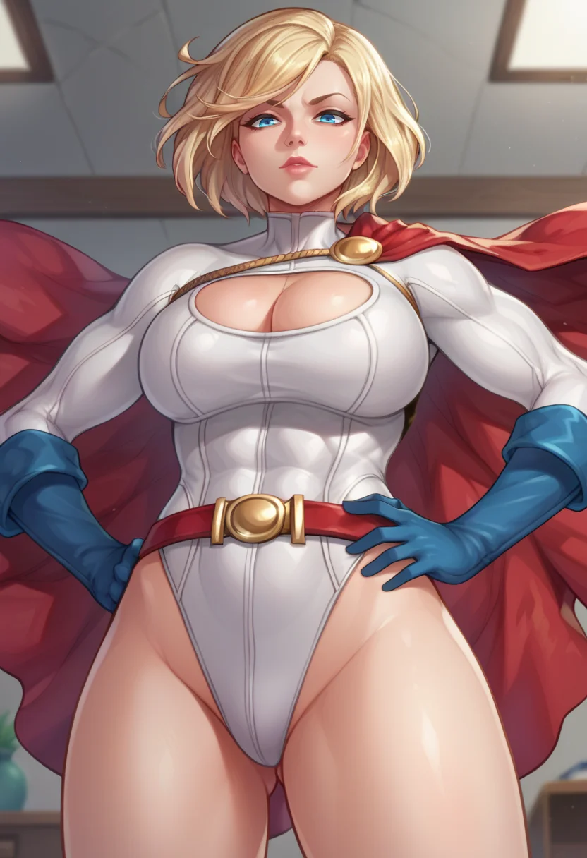 score_9,score_8_up,score_7_up BREAK <lora:powergirl10:0.8>,powergirlSDXL,1girl,short hair,blue eyes,blonde hair,large breasts,gloves,cleavage,thighs,belt,cape,leotard,lips,clothing cutout,highleg,cleavage cutout,highleg leotard,white leotard,red cape,blue gloves,superhero,cowboy shot,room,room background,from below, hands on hips,