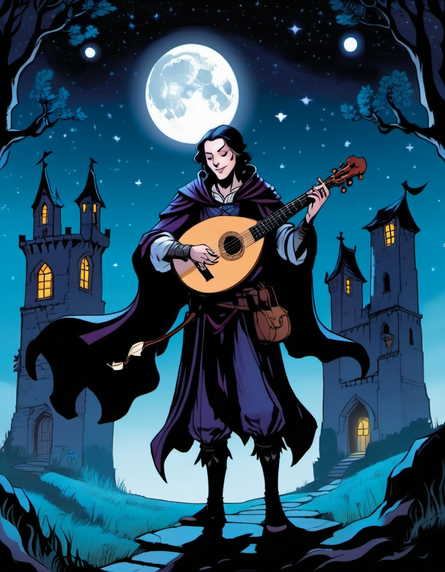breathtaking graphic novel illustration of At a moonlit crossroads in a mystical realm, a bard with a lute and a cloak of stars serenades wandering spirits. The melodies weave tales of love and loss, and the spirits dance in a mesmerizing display.  <lora:Graphic_Novel_Illustration_Civitai-000007:1>